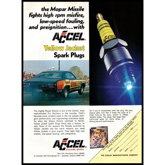1973 Accel Yellow Jacket Spark Plugs Vintage Print Ad Mopar Missile Wall Art - Picture 1 of 1